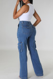 The cowboy blue Street Solid Ripped Patchwork Pocket Buttons Zipper High Waist Straight Denim Jeans