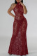 Burgundy Sexy Solid Lace Patchwork See-through O Neck Long Dresses