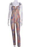 Colour Street Print Hollowed Out Patchwork Backless Spaghetti Strap Skinny Jumpsuits