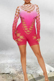 Pink Sexy Gradient Hollowed Out Patchwork O Neck Skinny Rompers