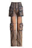Brown Street Make Old Patchwork Pocket Buttons Zipper Straight Denim Jeans