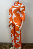 Orange Casual Print Patchwork Buckle Turndown Collar Plus Size Two Pieces