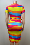 Multicolor Street Color Block Bandage Patchwork O Neck Wrapped Skirt Plus Size Dresses
