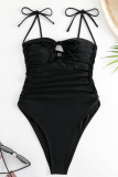 Black Sportswear Solid Bandage Hollowed Out Patchwork Draw String Fold Swimwears(With Paddings)
