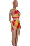 Red Yellow Sportswear Gradient Bandage Hollowed Out Patchwork 3 Piece Sets
