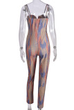 Colour Street Print Hollowed Out Patchwork Backless Spaghetti Strap Skinny Jumpsuits
