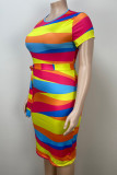 Multicolor Street Color Block Bandage Patchwork O Neck Wrapped Skirt Plus Size Dresses