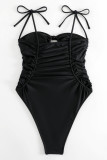Black Sportswear Solid Bandage Hollowed Out Patchwork Draw String Fold Swimwears(With Paddings)