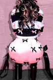 Pink Street Patchwork With Bow Contrast Regular Mid Waist Conventional Patchwork Bottoms