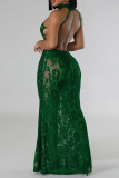 Green Sexy Solid Lace Patchwork See-through O Neck Long Dresses