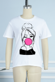 White Casual Print Patchwork O Neck T-Shirts