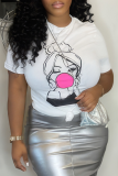 White Casual Print Patchwork O Neck T-Shirts