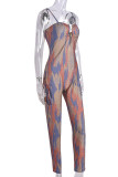 Colour Street Print Hollowed Out Patchwork Backless Spaghetti Strap Skinny Jumpsuits
