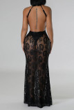 Green Sexy Solid Lace Patchwork See-through O Neck Long Dresses