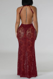 Burgundy Sexy Solid Lace Patchwork See-through O Neck Long Dresses