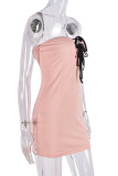 Pink Celebrities Patchwork Cross Straps Strapless Wrapped Skirt Dresses