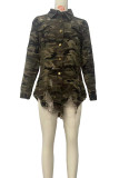 Camouflage Elegant Camouflage Print Ripped Patchwork Pocket Buckle Shirt Collar Tops