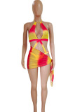 Turquoise Sportswear Gradient Bandage Hollowed Out Patchwork 3 Piece Sets