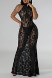 Green Sexy Solid Lace Patchwork See-through O Neck Long Dresses