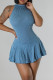 Blue Sweet Solid Hollowed Out Patchwork Flounce O Neck A Line Dresses