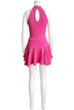 Pink Sweet Solid Hollowed Out Patchwork Flounce O Neck A Line Dresses