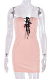 Pink Celebrities Patchwork Cross Straps Strapless Wrapped Skirt Dresses