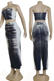 Black And White Elegant Print Patchwork Slit Strapless Sleeveless Two Pieces