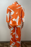 Orange Casual Print Patchwork Buckle Turndown Collar Plus Size Two Pieces