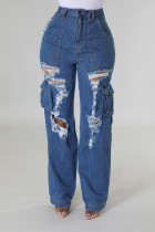 The cowboy blue Street Solid Ripped Patchwork Pocket Buttons Zipper High Waist Straight Denim Jeans