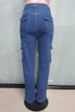 The cowboy blue Street Solid Ripped Patchwork Pocket Buttons Zipper High Waist Straight Denim Jeans