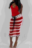 Red Sexy Color Block Bandage Hollowed Out Patchwork See-through Regular Mid Waist Patchwork Bottoms