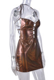 Brown Street Solid Bandage Hollowed Out Patchwork Slit Halter Wrapped Skirt Dresses