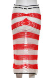Red Sexy Color Block Bandage Hollowed Out Patchwork See-through Regular Mid Waist Patchwork Bottoms