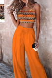Tangerine Red Casual Print Draw String Fold Spaghetti Strap Sleeveless Two Pieces