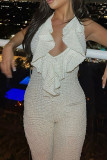 White Sexy Solid Ripped Bandage Patchwork Flounce Halter Regular Jumpsuits