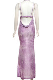 Purple Sexy Print Hollowed Out Patchwork Halter Long Dresses