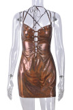 Brown Street Solid Bandage Hollowed Out Patchwork Slit Halter Wrapped Skirt Dresses