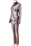 Brown Sexy Print Patchwork See-through Half A Turtleneck Skinny Jumpsuits