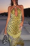 Yellow Street Print Hollowed Out Patchwork Halter Irregular Dresses