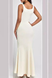 White Elegant Solid Patchwork Backless U Neck Trumpet Mermaid Dresses