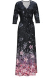 Purple Elegant Print Bandage Patchwork V Neck A Line Dresses