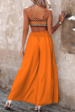 Tangerine Red Casual Print Draw String Fold Spaghetti Strap Sleeveless Two Pieces