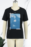 Black Casual Figure Print Patchwork O Neck T-Shirts