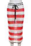 Red Sexy Color Block Bandage Hollowed Out Patchwork See-through Regular Mid Waist Patchwork Bottoms