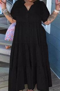Black Elegant Solid Patchwork Buckle V Neck Long Plus Size Dresses