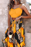 Yellow Casual Print Draw String Fold Spaghetti Strap Sleeveless Two Pieces