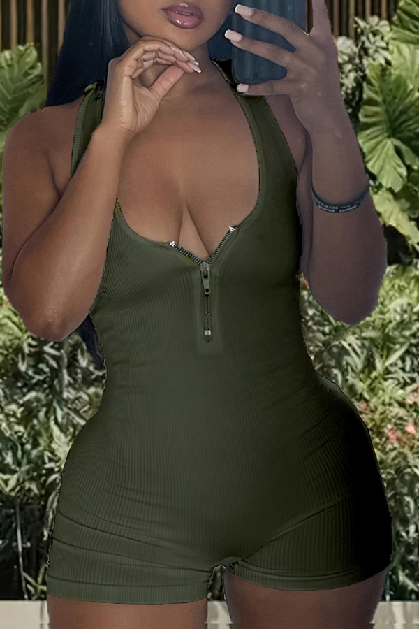 Army Green Sexy Solid Patchwork Backless Zipper Halter Skinny Rompers