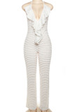 White Sexy Solid Ripped Bandage Patchwork Flounce Halter Regular Jumpsuits