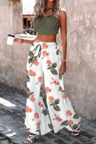 White Casual Print Draw String Fold Spaghetti Strap Sleeveless Two Pieces