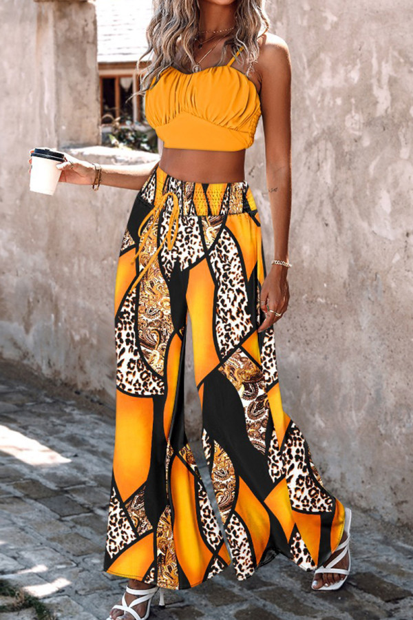 Yellow Casual Print Draw String Fold Spaghetti Strap Sleeveless Two Pieces